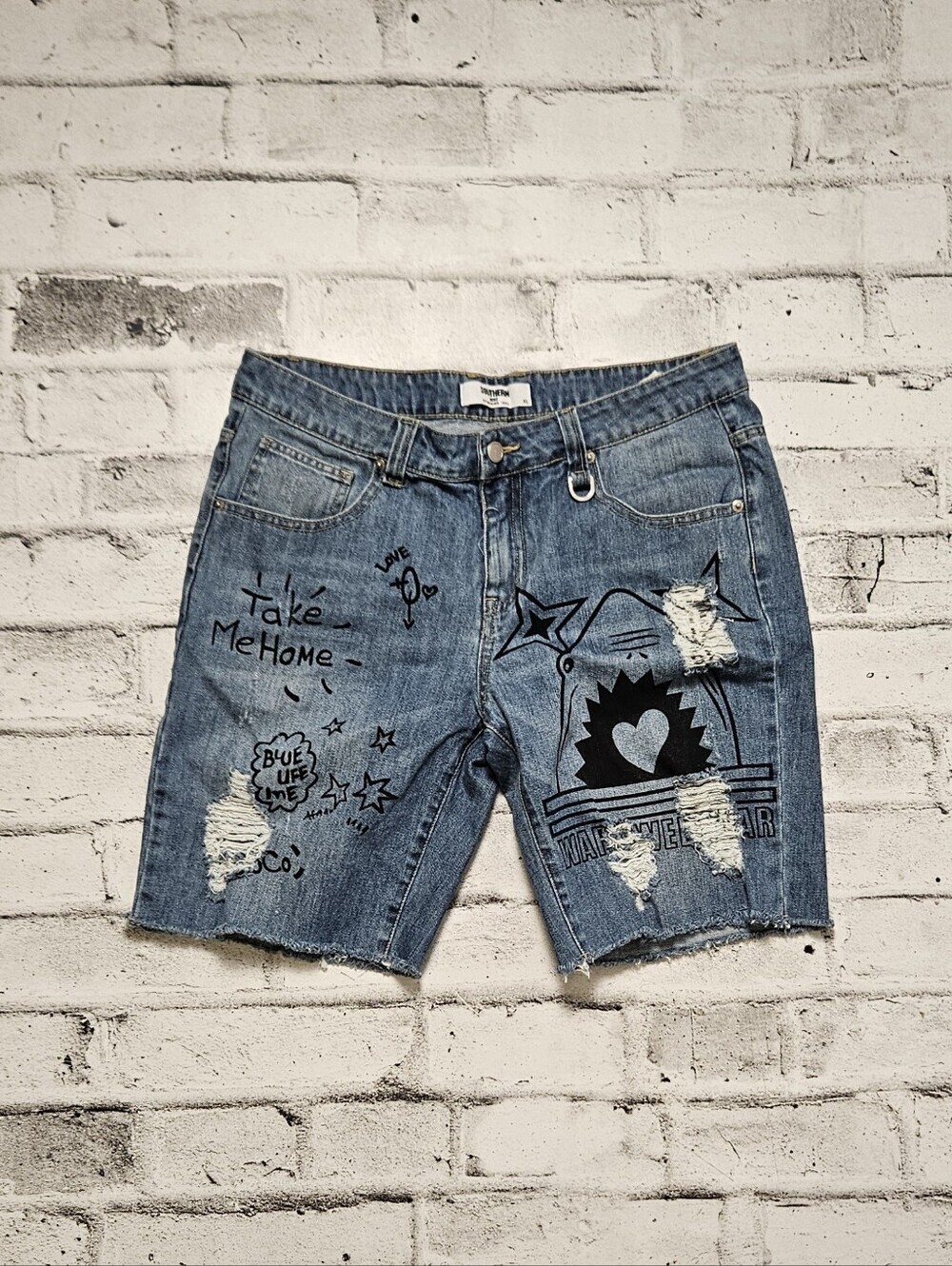 Distressed Graphic Denim Shorts Y2K Streetwear Raw Hem XL